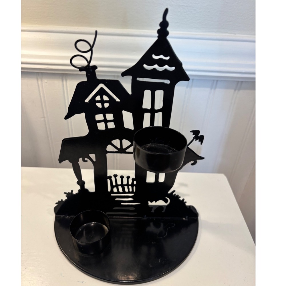 Yankee Candle Halloween Haunted House Metal Tea Light Holder Black Silhouette